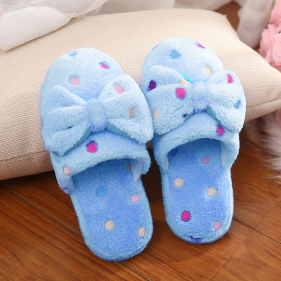 JeashCHAT Womens Fuzzy Slippers Bow Tie Polka Dots Cotton Slippers Ladies Cute Winter Warm House Slippers Non-Slip Memory Foam Slippers