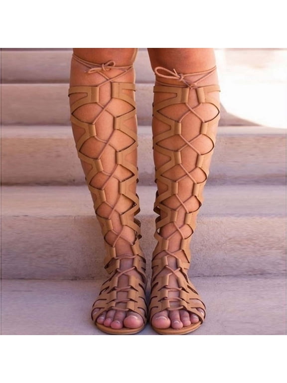 Womens Gladiator Sandals Open Toe Knee High Criss Cross Strappy Flat Sandals Roman Shoes Summer Outdoor Long Boots (Brown)