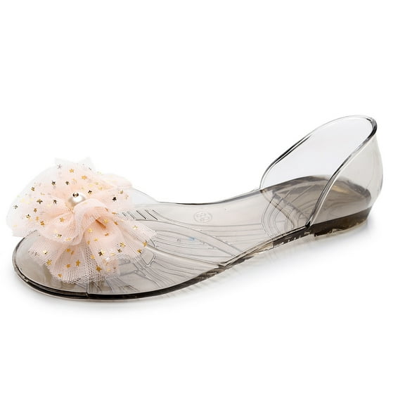 JeashCHAT Womens Jelly Sandals Crystal Sandals Fashion Lace Flower Pearl Slip On Peep Toe Outdoor Beach Flats Sandals