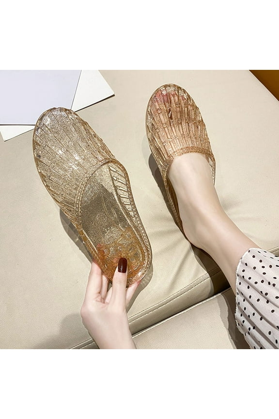 Womens Jelly Slide Sandals Slippers Closed Toe Hollow Out Flat Sandals Summer Beach Slip On Crystal Jelly Sandals (Yellow)