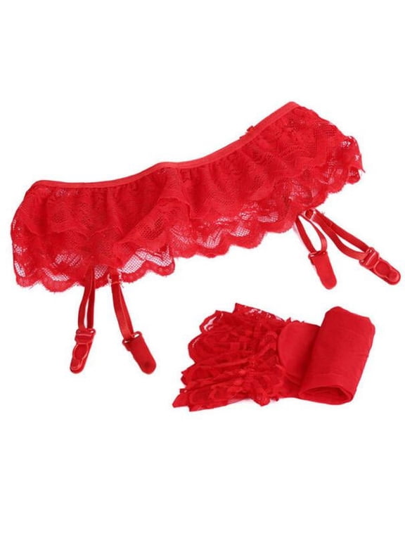 Womens Lace Top Thigh-Highs Stockings Socks + Suspender Garter Belt RD