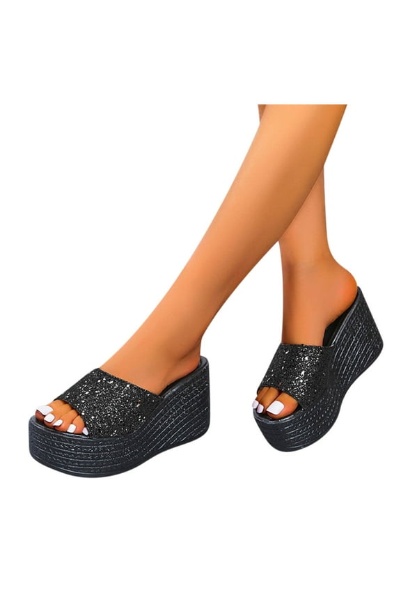 Womens Platform Wedge Sandals Slip On Open Toe Flatform Sandals Glitter Shiny Slide Sandals Beach Slippers