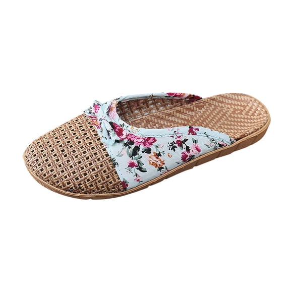 JeashCHAT Womens Rattan Woven Slippers Closed Toe Bow Straw House Slippers Summer Casual Slip On Bamboo Rattan Beach Sandals for Indoor Outdoor