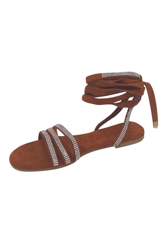 Womens Rhinestone Lace Up Flat Sandals Open Toe Wrap Ankle Strap Shoes Dressy Gladiator Sandals Strappy Sandals