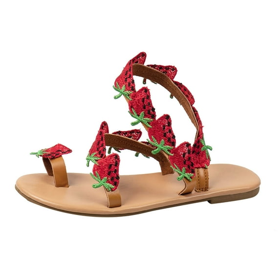 JeashCHAT Womens Sandals Cute Strawberry Strappy Clip Toe Flat Sandals Summer Gladiator Sandals Beach Flip Flop Casual Toe Ring Sandals