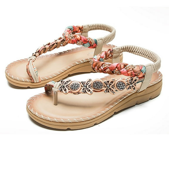 JeashCHAT Womens Sandals Flats Shoes Comfortable Bohemian Beaded Dressy Summer Flats Casual Elastic Ankle Strap Slip on Beach Travel Sandals (Beige)