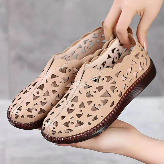 JeashCHAT Womens Shoes Women's Breathable Hollow Out Leatherette Flat Sandals Slip On Flats (Beige)