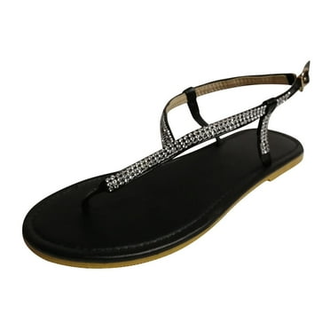 JeashCHAT Womens Thong Sandals Dressy Rhinestone T-Strap Flat Sandals Flip Flops Open Toe Ankle Strap Summer Gladiator Fashion Shoes