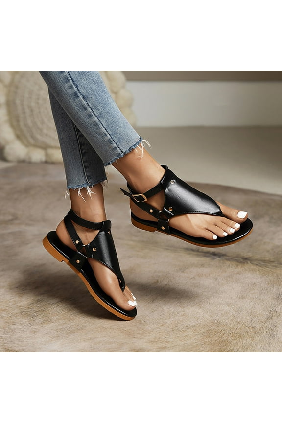 Womens Thong Sandals Flat Sandals Casual T Strap Dress Sandals Adjustable Ankle Buckle Summer Arch Support Gladiator Sandals Comfortable Orthopedic Sandals (Black)