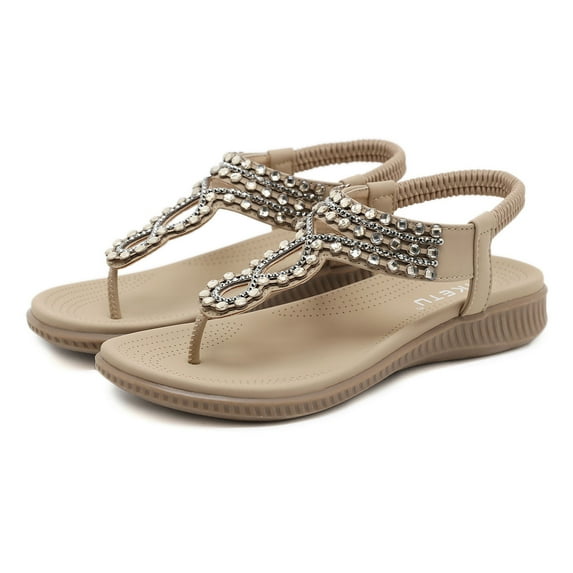 JeashCHAT Womens Thong Sandals Rhinestone T-Strap Thong Flat Sandals for Summer Beach Wedding, Comfort Slip On Elastic Ankle Strap Dress Flats Sandals