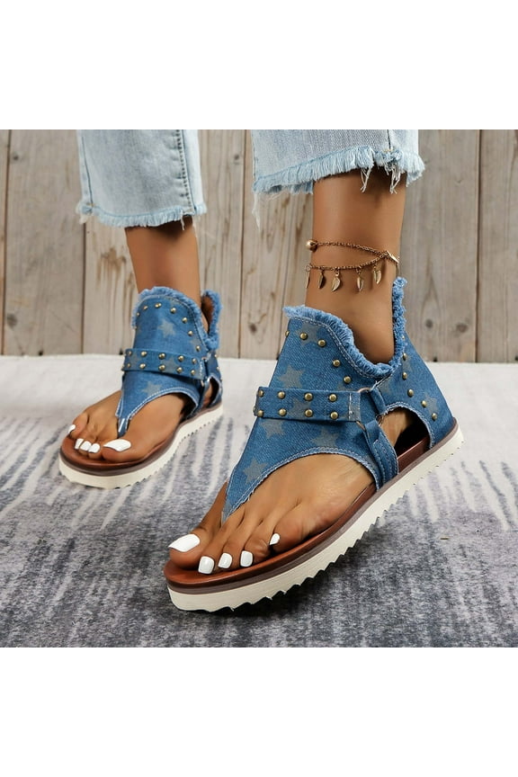 Womens Thong Sandals Summer Denim Cloth Flat Sandals T-Strap Cutout Back Zipper Ladies Casual Comfy Beach Sandals (Blue)