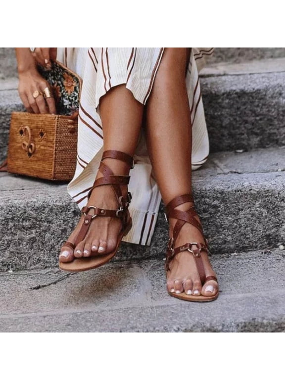 Womens Tie Up Flat Gladiator Roman Sandals Lace Up Sandals for Women Dressy Summer Open Toe Beach Sandals Fisherman Thong Cross Strappy Sandals (Brown)