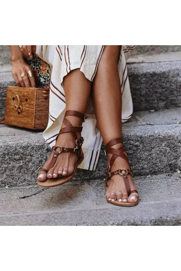 Womens Tie Up Flat Gladiator Roman Sandals Lace Up Sandals for Women Dressy Summer Open Toe Beach Sandals Fisherman Thong Cross Strappy Sandals (Brown)