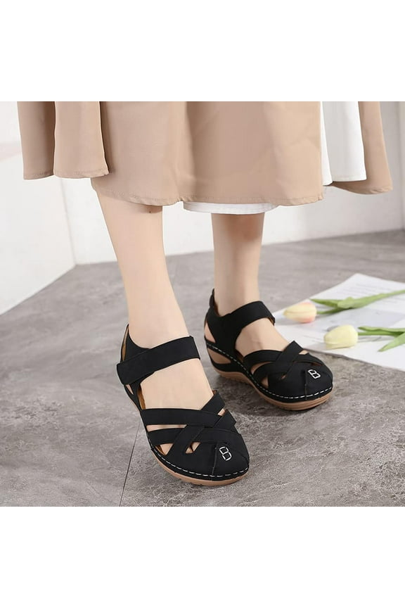 Womens Wedge Sandals Closed Toe Ankle Strap Sandals Comfort Summer Platform Sandals Casual Bohemian Gladiator Outdoor Wedges (Black)