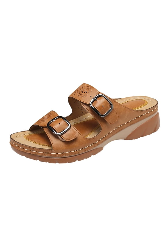 Womens Wedge Slide Sandals with Arch Support 2 Strap Double Buckle Adjustable Slip On Slides Shoes Non Slip Rubber Sole (Khaki)