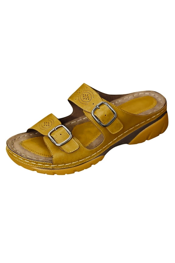 Womens Wedge Slide Sandals with Arch Support 2 Strap Double Buckle Adjustable Slip On Slides Shoes Non Slip Rubber Sole (Yellow)