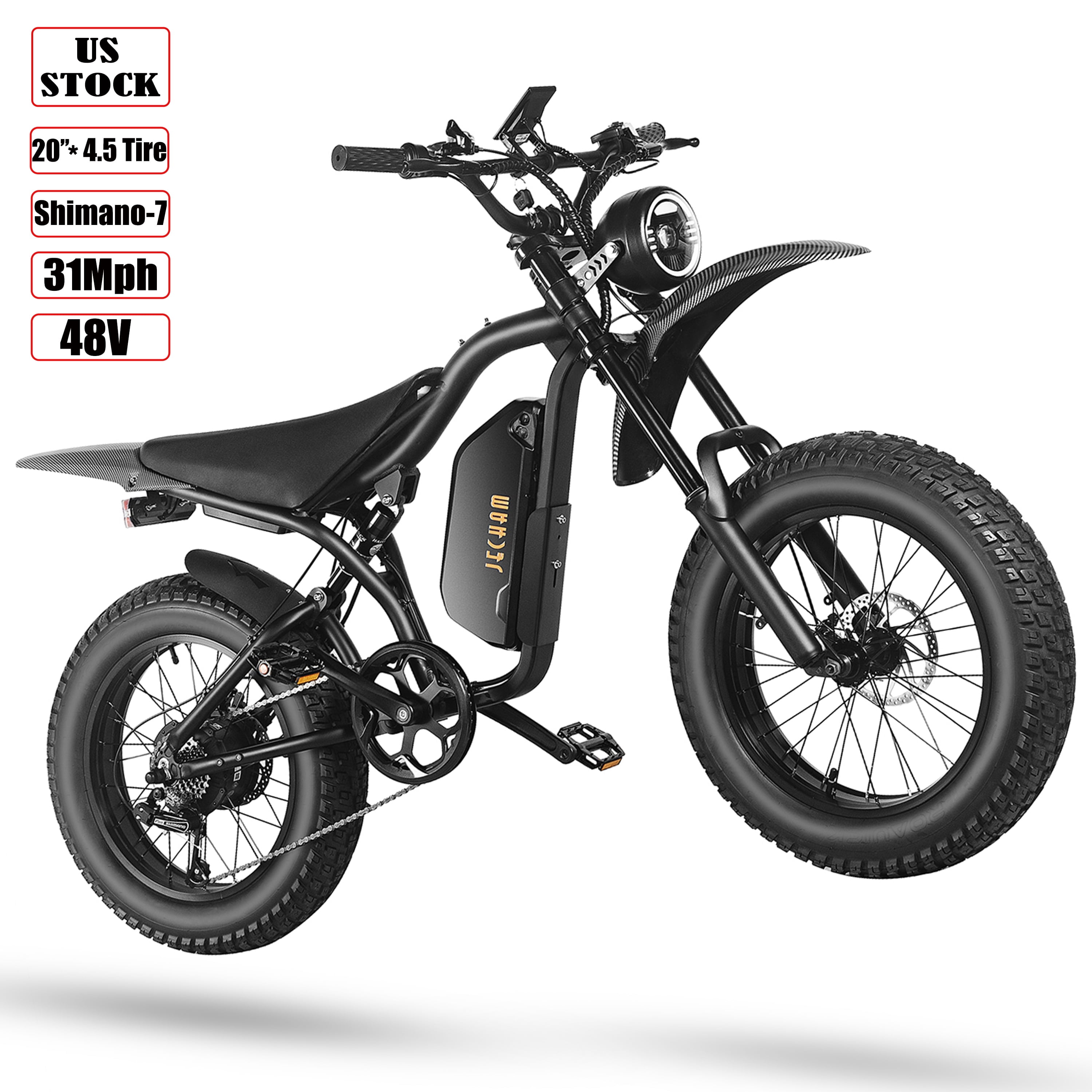 Jecham QL200 1500W(Peak)Electric Bicycles with Pedals for Adults/Teens,40V16AH Battary 40+ Miles,Top 32MPH ebike.Shimano 7 Speed, 20*4.5 fat tire,Fake Caron Fiber, Invered Fork UL2849