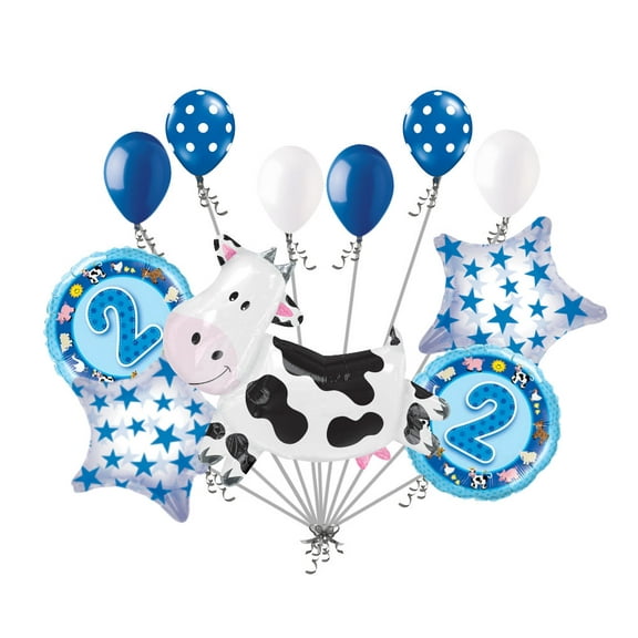 Jeckaroonie Balloons 11pc 2nd Birthday Cow Balloon Bouquet Happy Decoration Farm Animal Second Boy