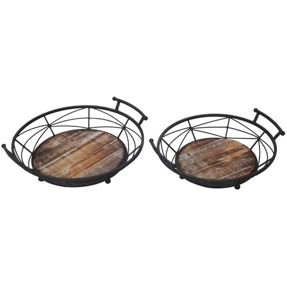 Rustic Aged Wood & Forged Metal Round Serving Tray Set, Black and Brown
