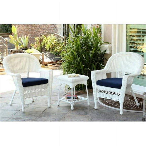 Jeco 3 Piece White Wicker Chair And End Table Set With Blue Chair Cushion