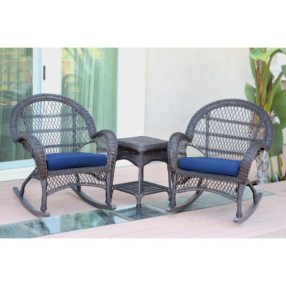 Jeco 3 Piece Wicker Conversation Set in Espresso with Blue Cushions
