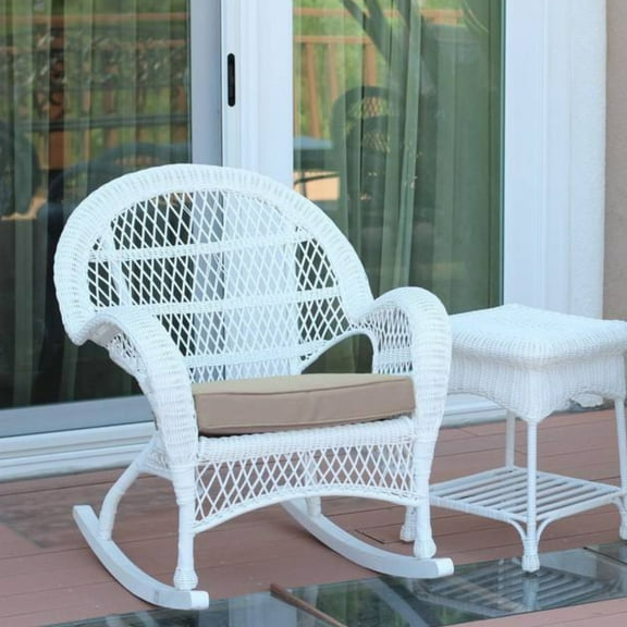 Jeco 3 Piece Wicker Conversation Set in White with Tan Cushions