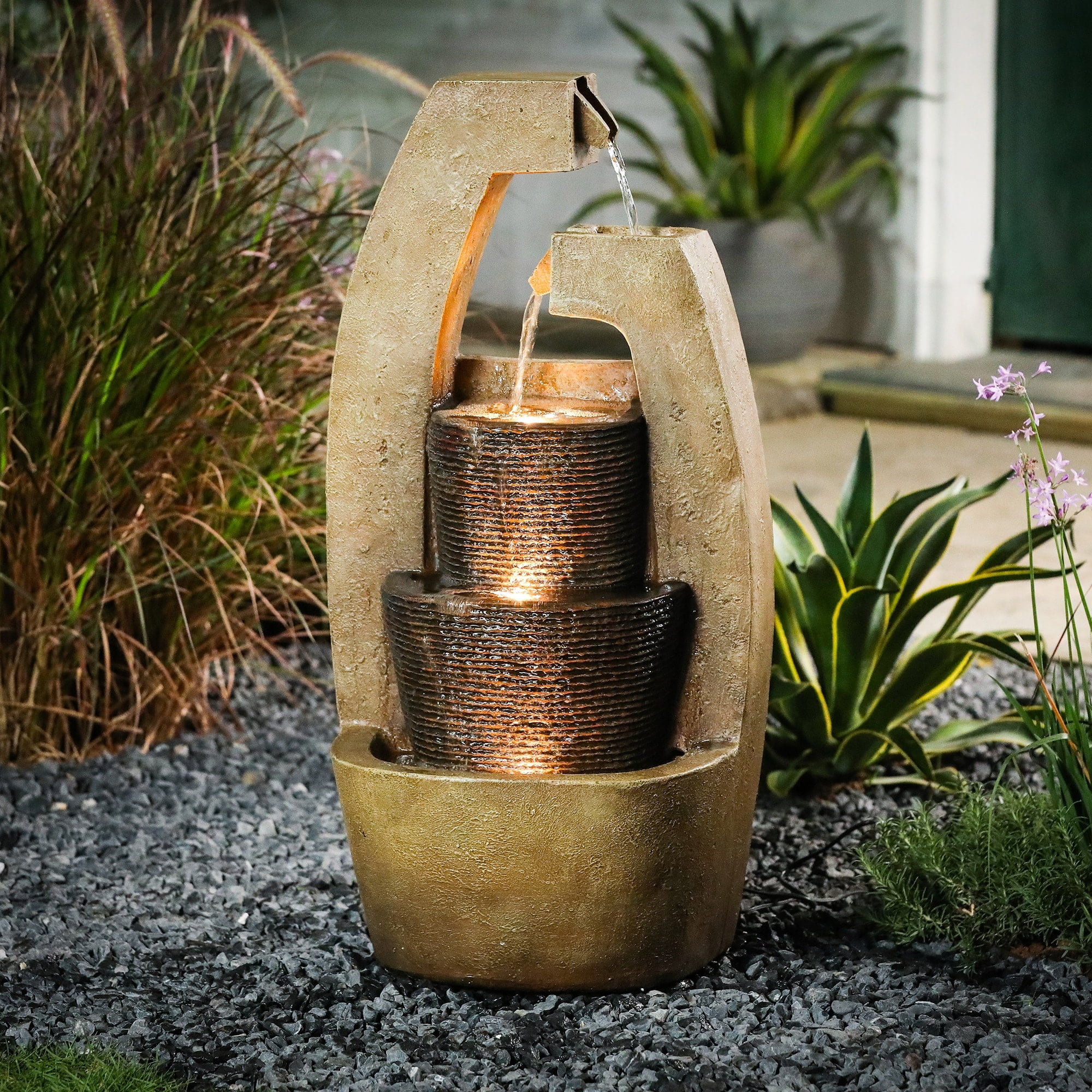 32" Brown Polyresin Cascade Water Fountain with LED Light