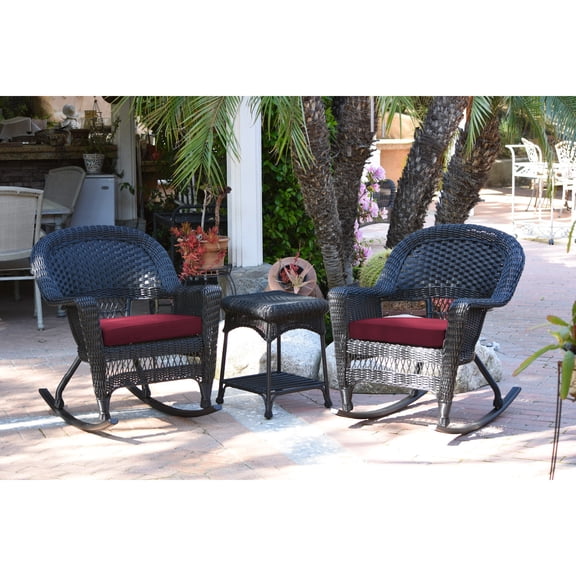 Jeco 3pc Black Rocker Wicker Chair Set With Red Cushion