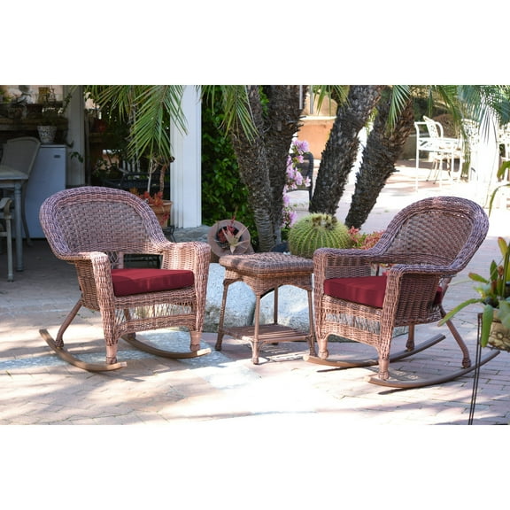 Jeco 3pc Honey Rocker Wicker Chair Set With Red Cushion