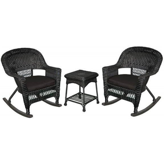 Jeco 3pc Resin Wicker Outdoor Patio Rocker Chair Set in Black with Black Cushion