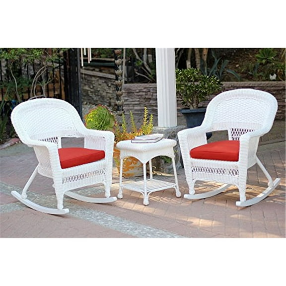 Jeco 3pc Black Rocker Wicker Chair Set With Brick Red Cushion-Finish:White
