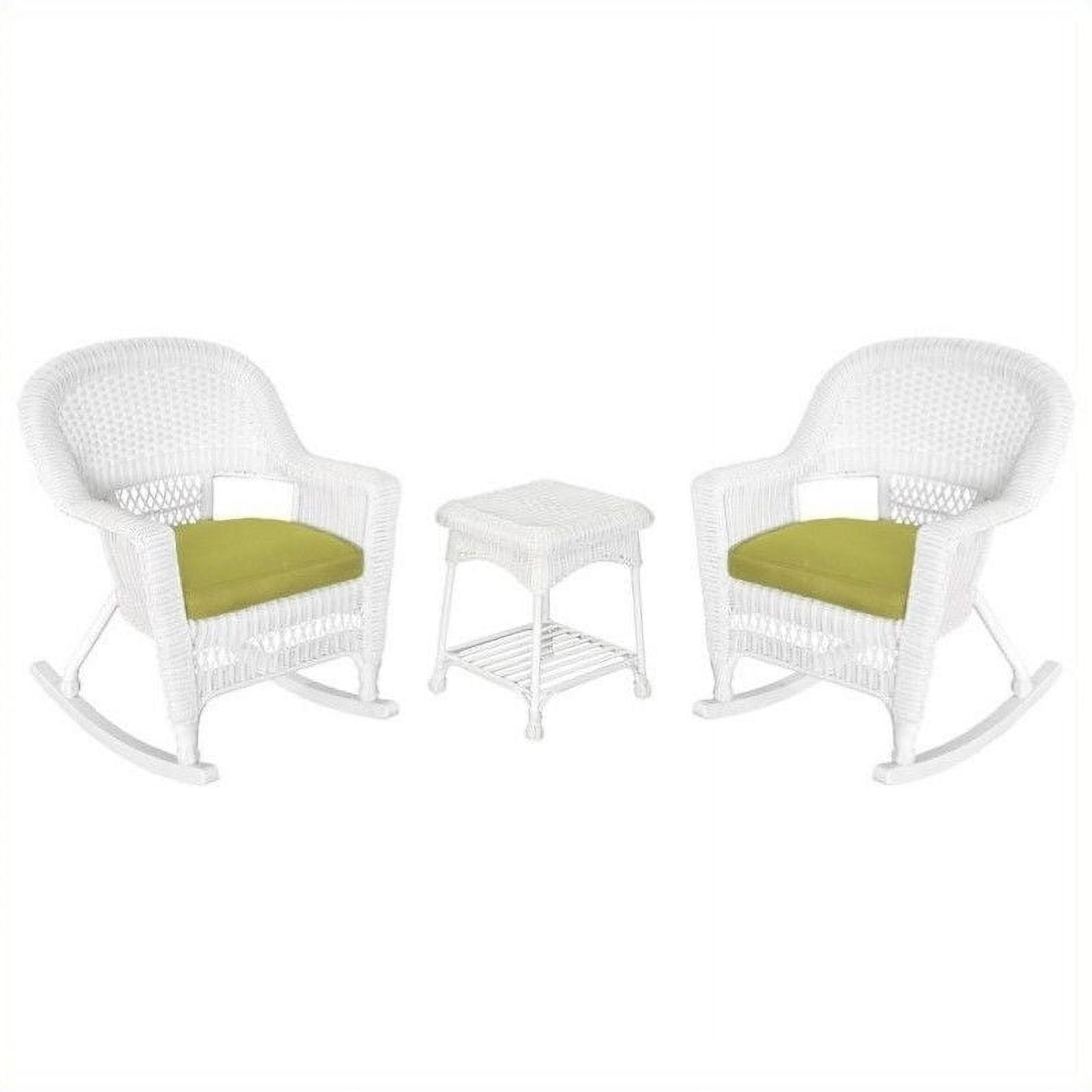 Jeco 3pc Rocker Wicker Chair Set in White with Green Cushion