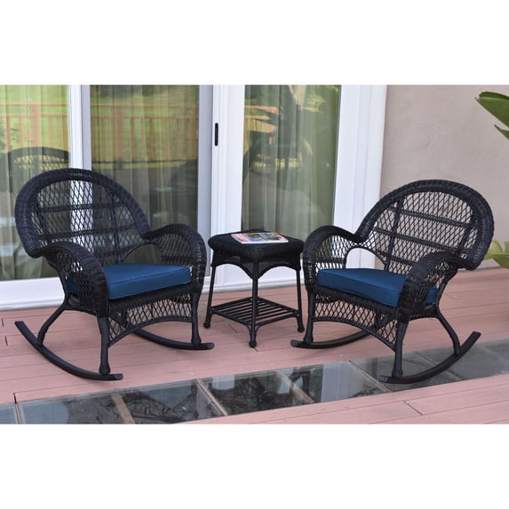Jeco 3pc Santa Maria Black Rocker Wicker Chair Set - Midnight Blue Cushions