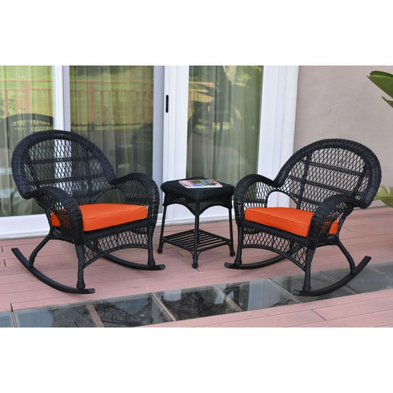 Jeco 3pc Santa Maria Black Rocker Wicker Chair Set - Orange Cushions