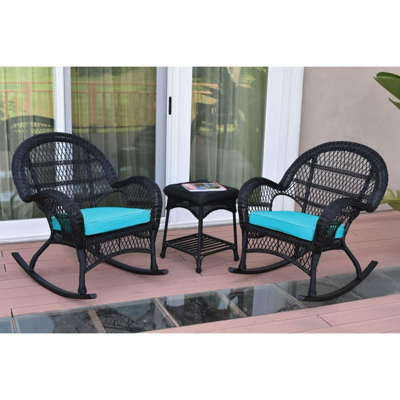 Jeco 3pc Santa Maria Black Rocker Wicker Chair Set - Sky Blue Cushions