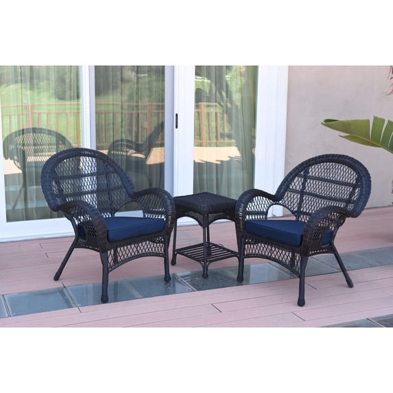 Jeco 3pc Santa Maria Black Wicker Chair Set - Midnight Blue Cushions