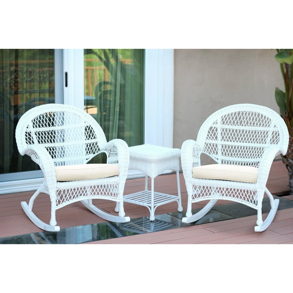 Jeco 3pc Santa Maria White Rocker Wicker Chair Set - Ivory Cushions