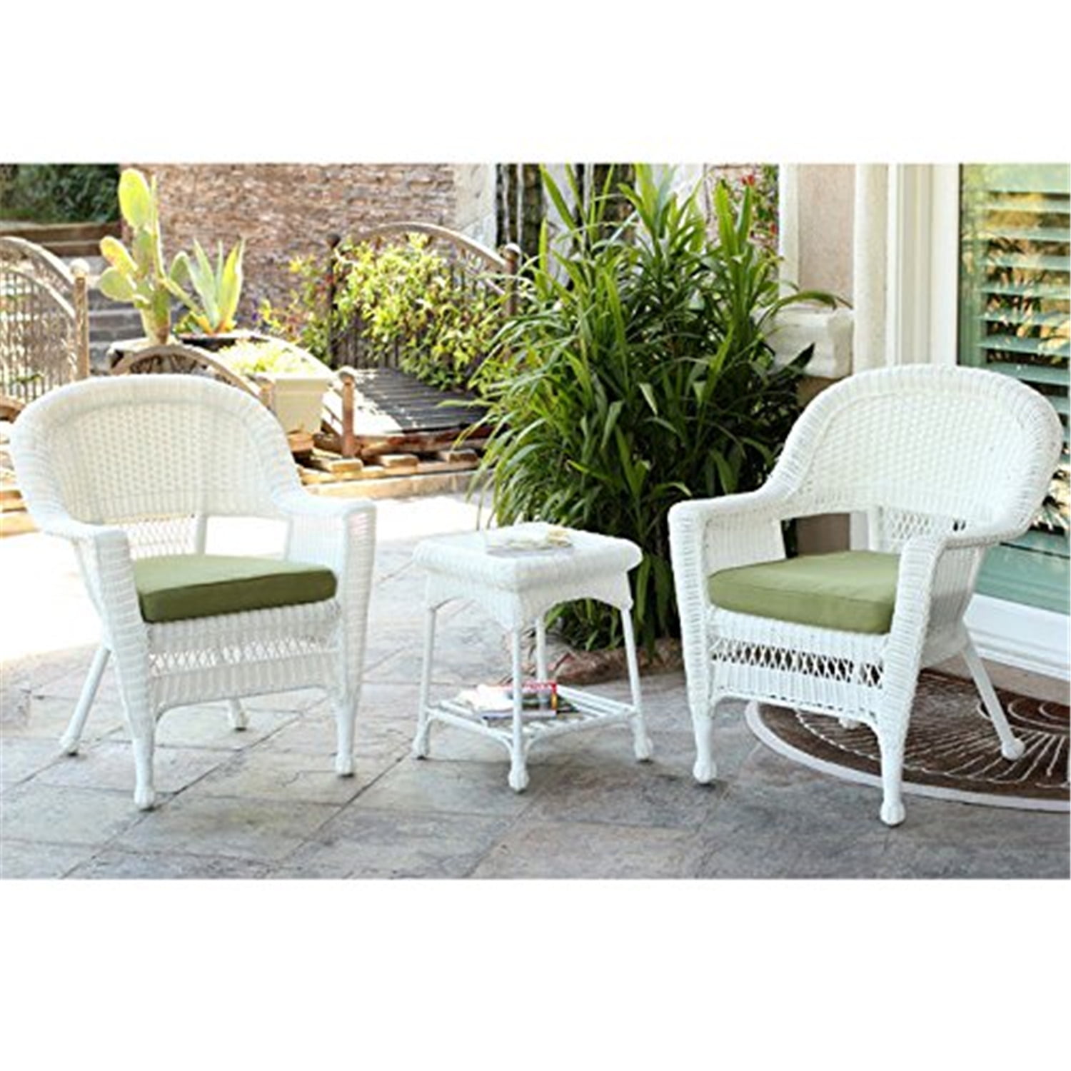 3pc White Wicker Chair and End Table Set with Black Chair Cushion