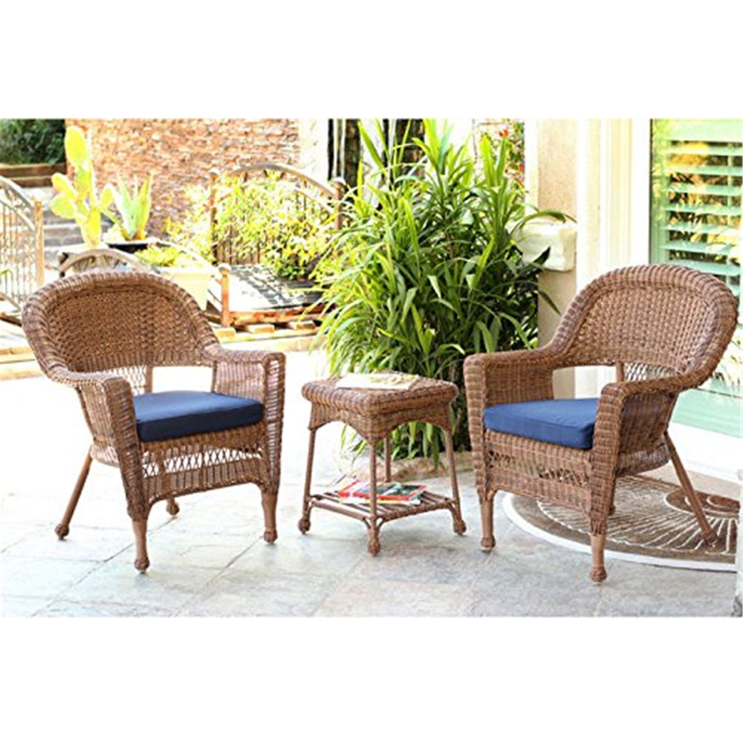 Jeco 3pc Wicker Chair and End Table Set with Blue Chair Cushion