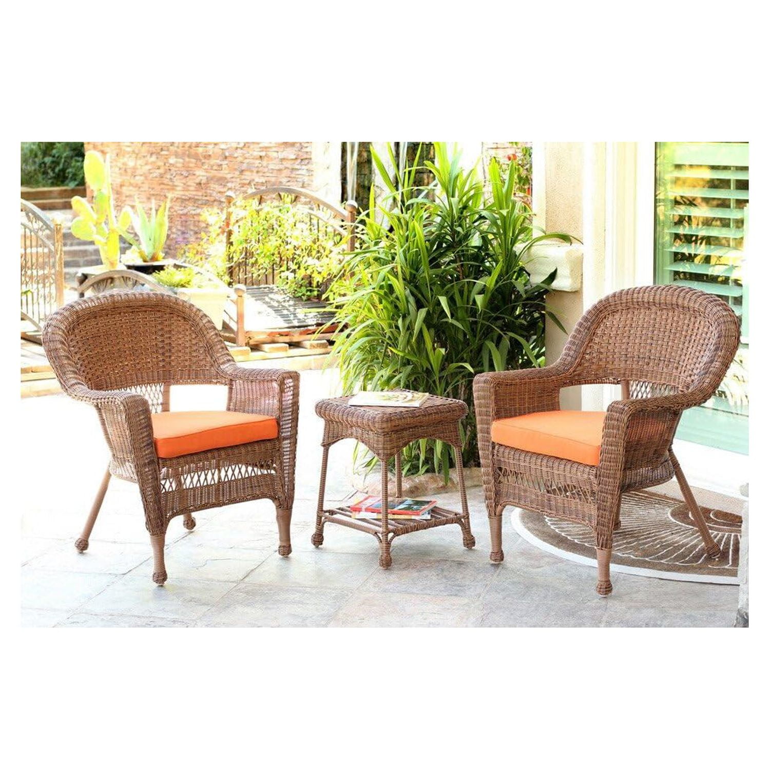 Jeco 3pc Wicker Chair and End Table Set in Honey with Black Chair