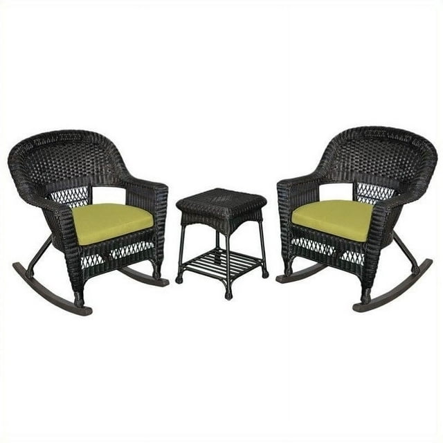 Jeco 3pc Wicker Rocker Chair Set in Black with Green Cushion