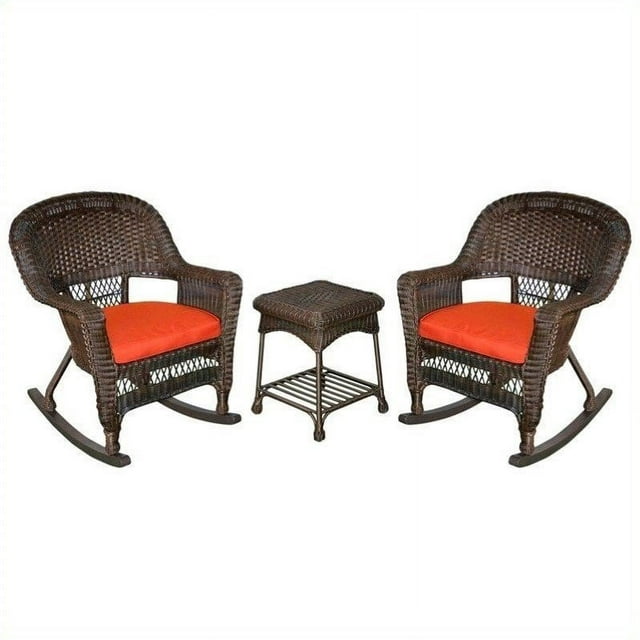 Jeco 3pc Wicker Rocker Chair Set in Espresso with Red Cushion