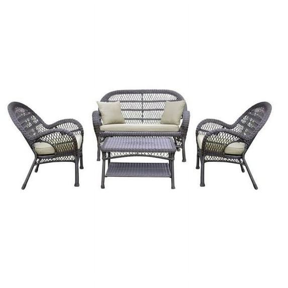 Jeco 4 Piece Wicker Conversation Set in Espresso with Tan Cushions