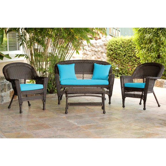 Jeco 4pc Espresso Wicker Conversation Set - Sky Blue Cushion