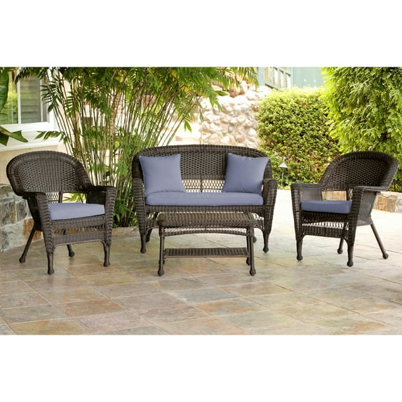 Jeco 4pc Espresso Wicker Conversation Set - Steel Blue Cushion