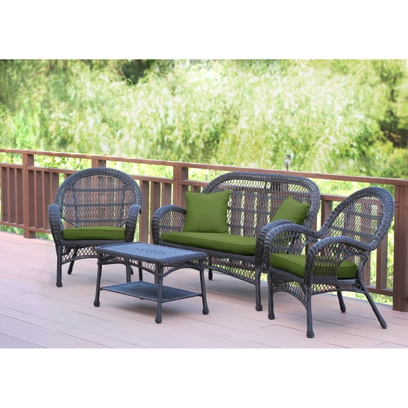Jeco 4pc Santa Maria Espresso Wicker Conversation Set - Hunter Green Cushions