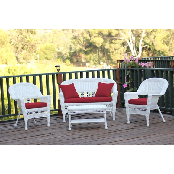 Jeco 4pc White Wicker Conversation Set - Red Cushions