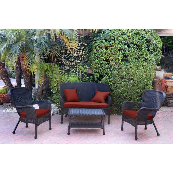 Jeco 4pc Windsor Black Wicker Conversation Set - Brick Red Cushions