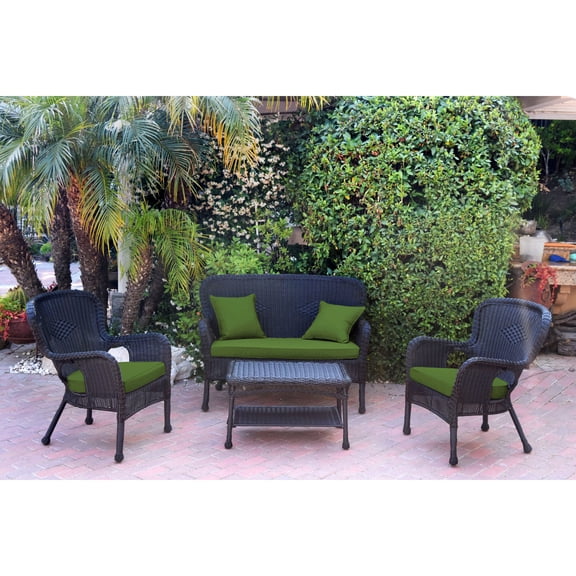 Jeco 4pc Windsor Black Wicker Conversation Set - Hunter Green Cushions