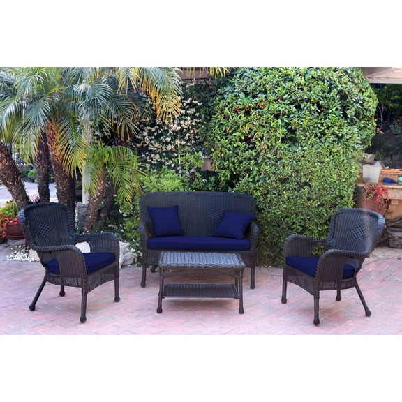 Jeco 4pc Windsor Black Wicker Conversation Set - Midnight Blue Cushions
